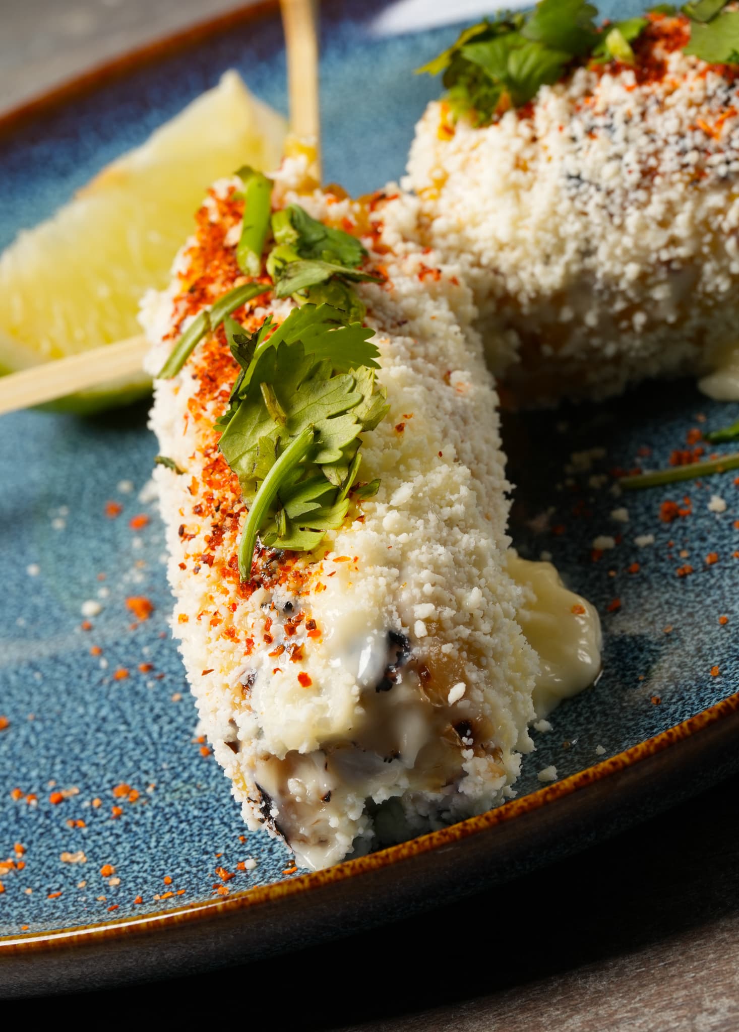 Elotes, Mexican street corn with cotija and chile, at Tiempo D' Tacos Miami